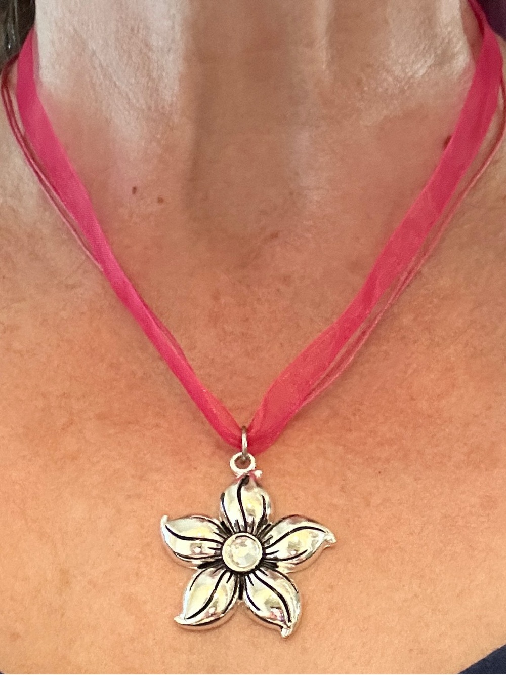 Hand Crafted Pink Ribbon Silver Flower Necklace
